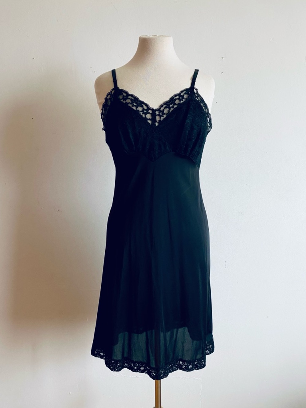 Vintage Vanity Fair Black Full Slip Nylon Lace Slip Dress 60s Size 36